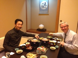 Having a business lunch with Mr. Makoto Anzai, Pres., Jyuka Soken Co., importer of Canadian building materials.  Not seen (taking the photo) Mr. Yuya Kato, Pres. GPE Inc. and assisting me in all aspects of my meetings.   I have to say, this is one of the best Japanese meals I have ever had. 